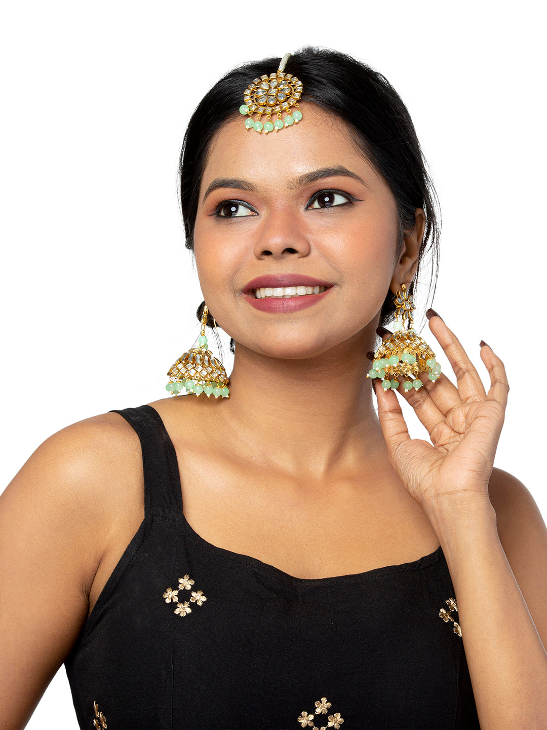 Shining Jewel Gold Plated Traditional Kundan, Pearls, Polki, Big Jhumka Earring and Maang Tikka Combo Set for Women (SJE_01 LG)