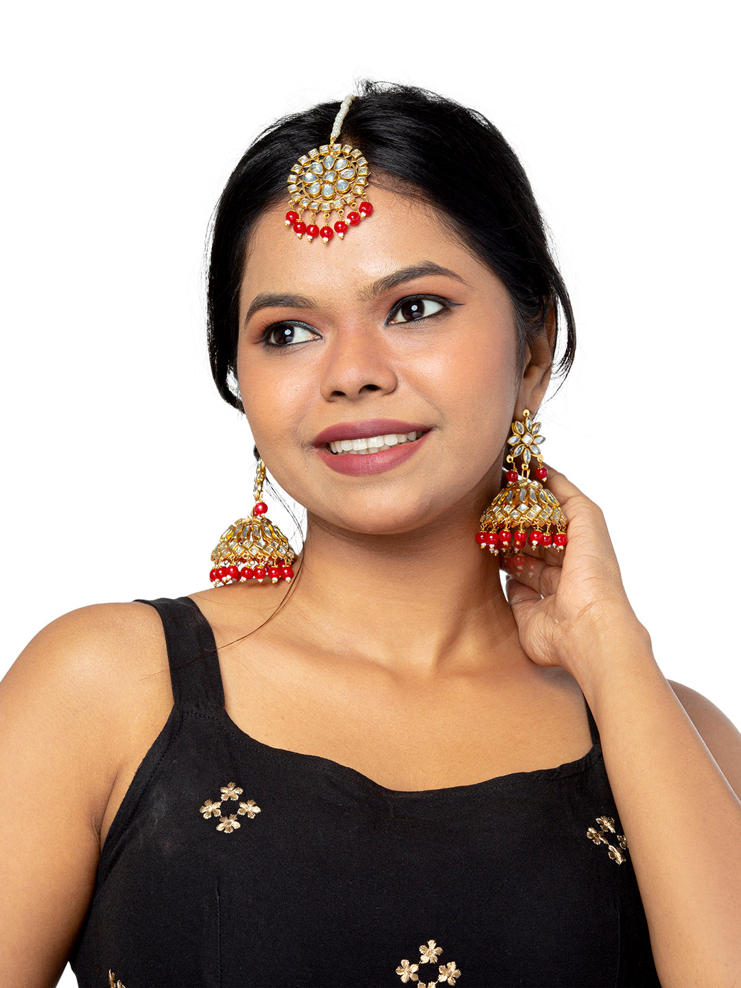 Shining Jewel Gold Plated Traditional Kundan, Pearls, Polki, Big Jhumka Earring and Maang Tikka Combo Set for Women (SJE_01_R)