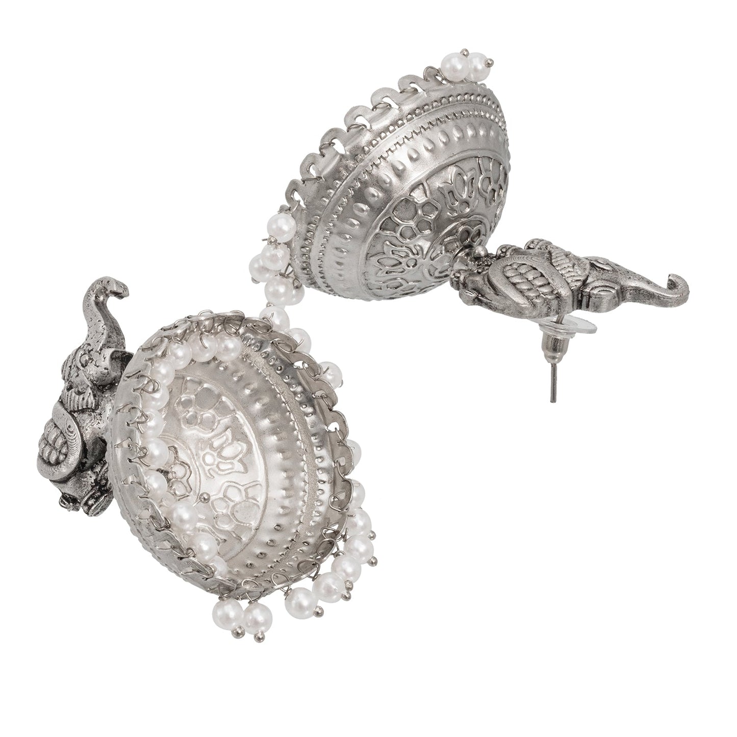 Traditional Indian Matte Silver Oxidised CZ Crystal Studded Elephant Jhumka Earring For Women-Silver (SJE_149_S)