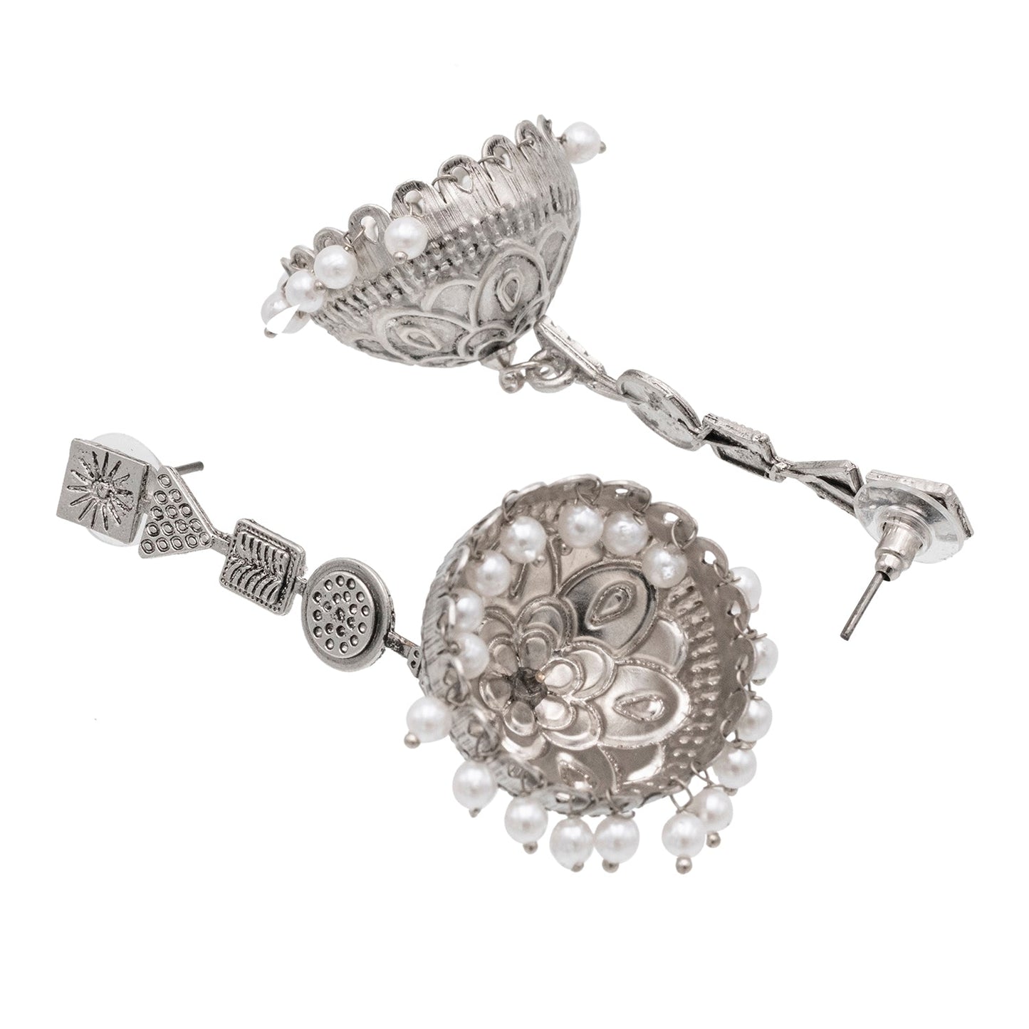 Traditional Indian Matte Silver Oxidised CZ Crystal Studded Jhumka Earring For Women-Silver (SJE_179_S)