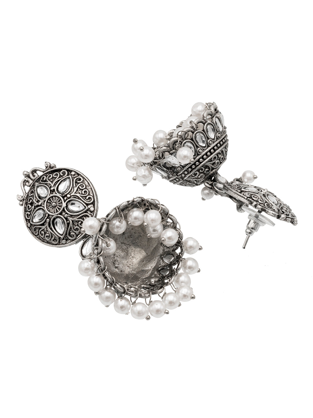 Traditional Indian Matte Silver Oxidised CZ Crystal Studded Jhumka Earring For Women-Silver White (SJE_181_S_W)