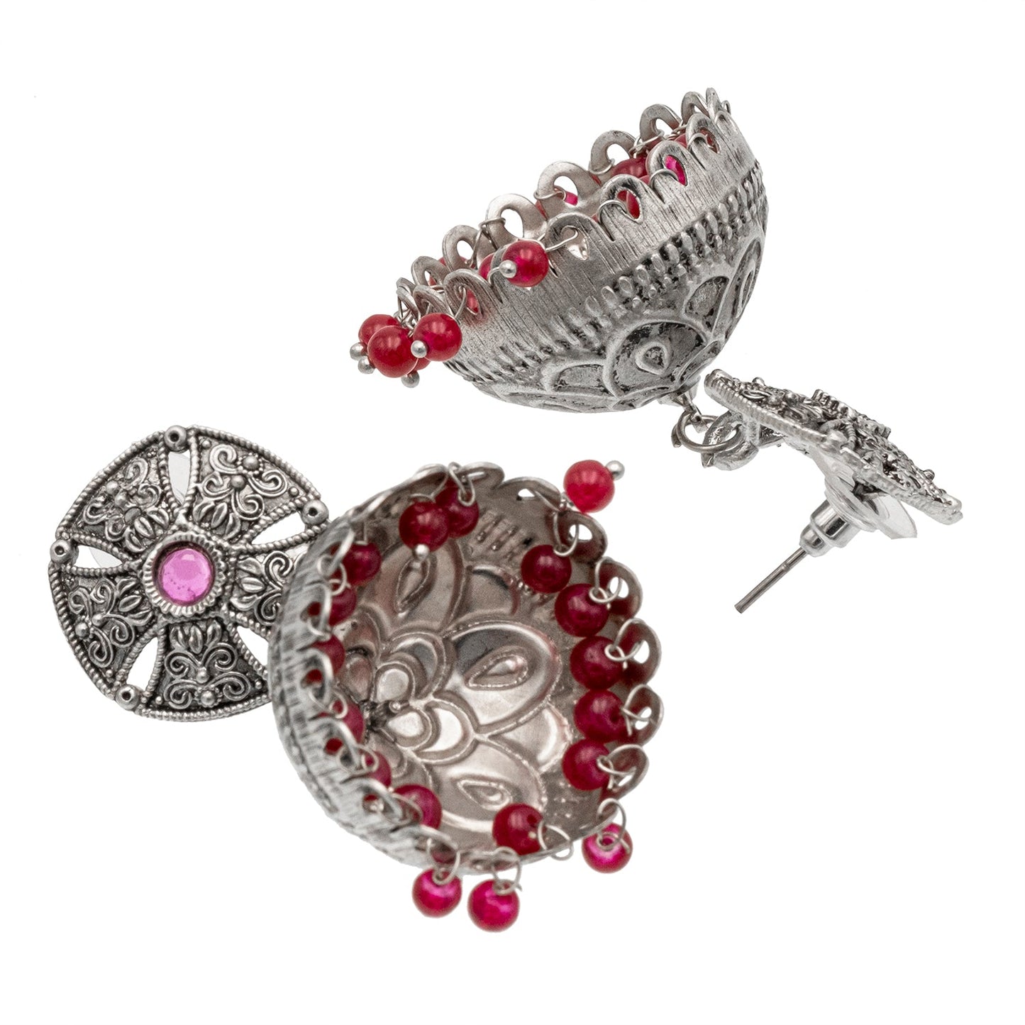 Traditional Indian Matte Silver Oxidised CZ Crystal Studded Jhumka Earring For Women-Maroon (SJE_184_M)