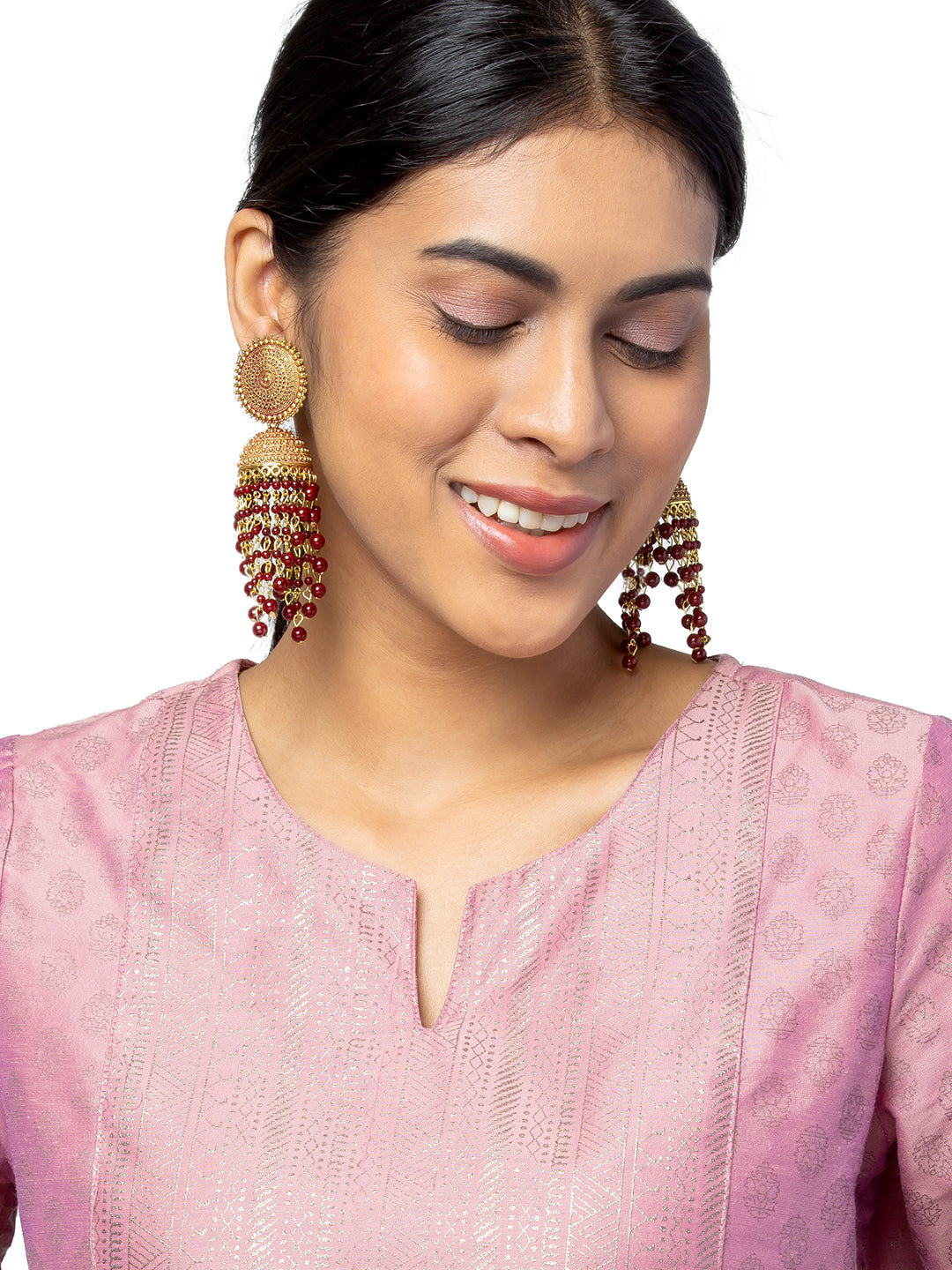 Shining Jewel Traditonal Indian Antique Gold Plated Maroon Meenakari, CZ, Pearls Jhumka Earrings Women (SJE_18_M)
