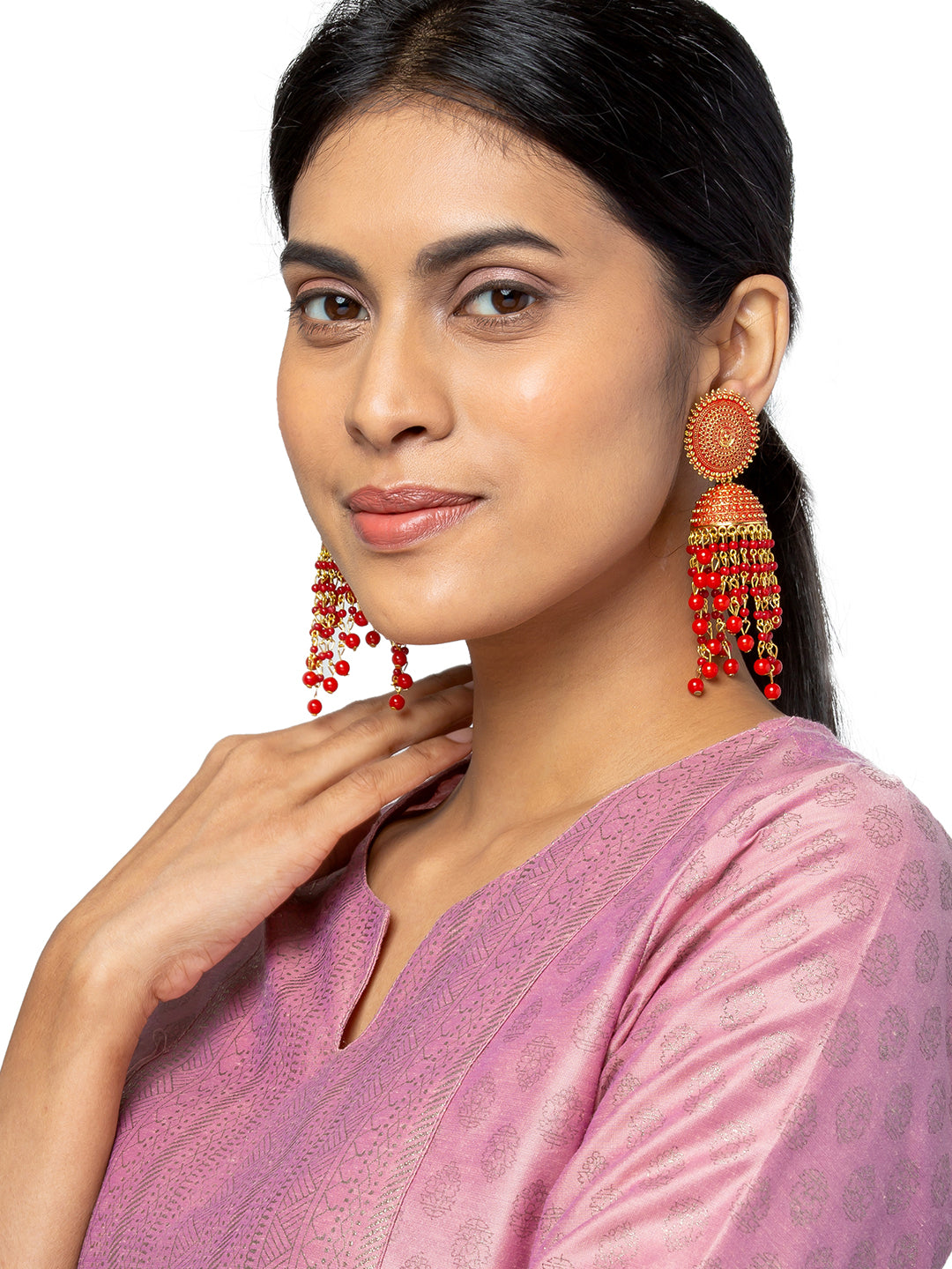 Shining Jewel Traditonal Indian Antique Gold Plated Red Meenakari, CZ, Pearls Jhumka Earrings Women (SJE_18_R)