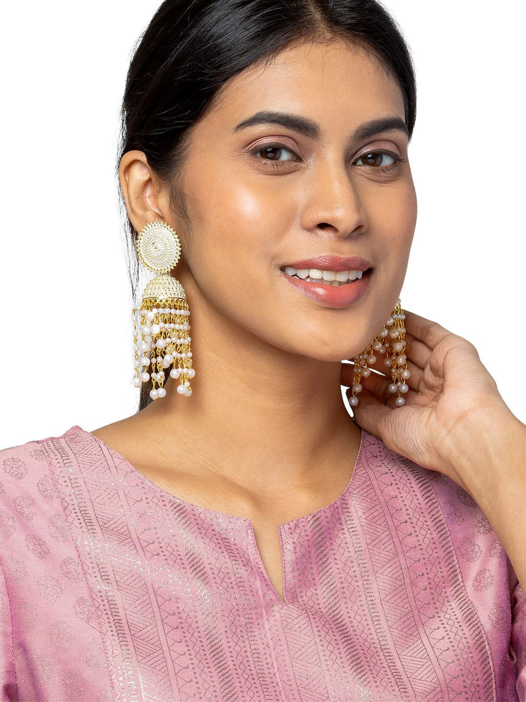 Shining Jewel Traditonal Indian Antique Gold Plated White Meenakari, CZ, Pearls Jhumka Earrings Women (SJE_18_W)