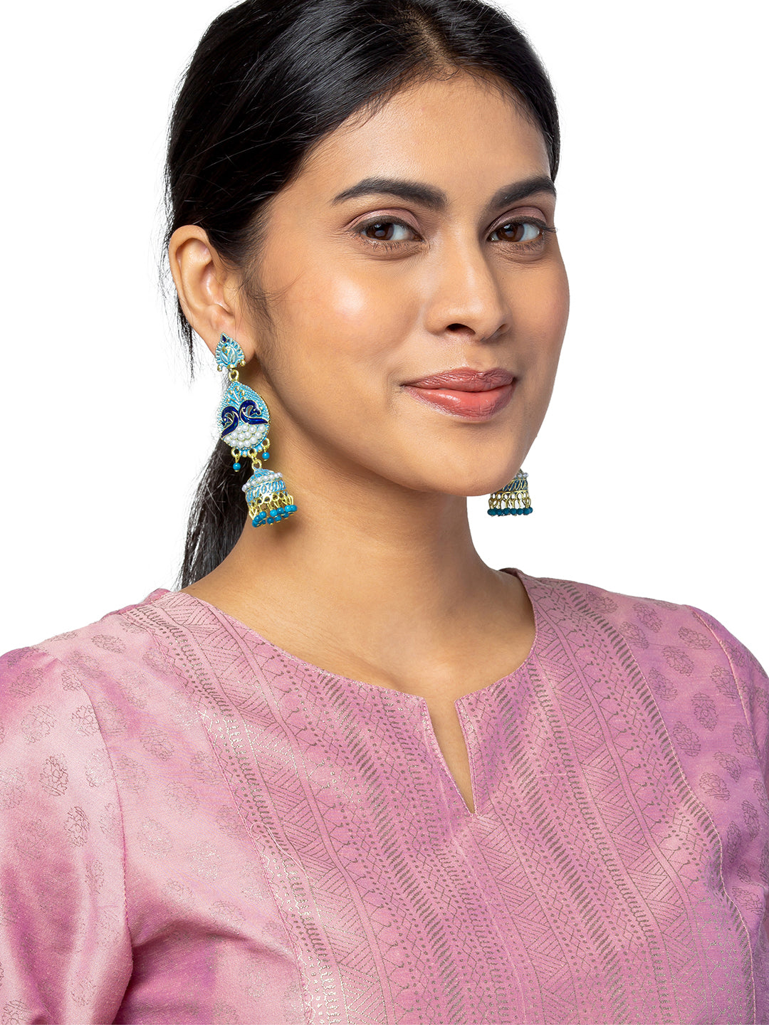 Shining Jewel Gold Plated Traditional Meenakari Peacock Jhumka With CZ, LCT Crystals,Kundan & Pearls Earrings for Women (SJE_19_BL)