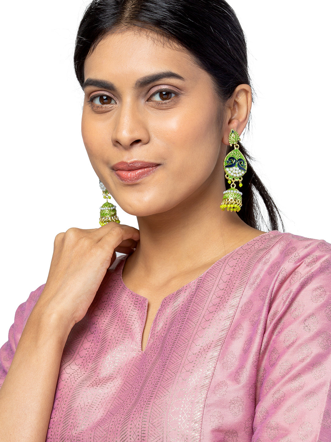 Shining Jewel Gold Plated Traditional Meenakari Peacock Jhumka With CZ, LCT Crystals,Kundan & Pearls Earrings for Women (SJE_19_G)