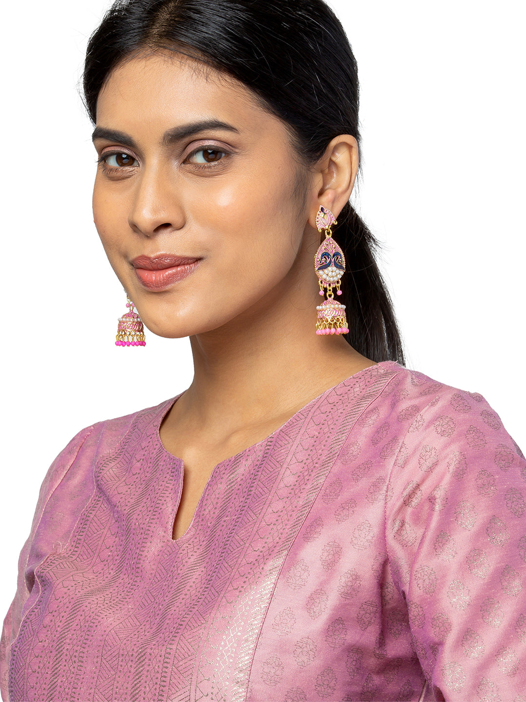 Shining Jewel Gold Plated Traditional Meenakari Peacock Jhumka With CZ, LCT Crystals,Kundan & Pearls Earrings for Women (SJE_19_P)