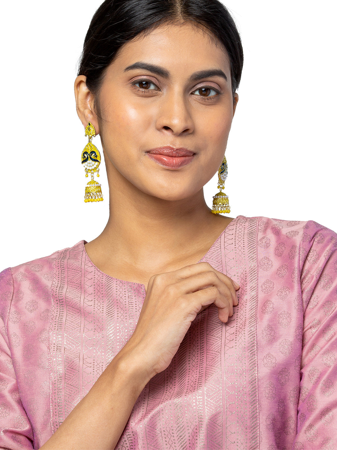 Shining Jewel Gold Plated Traditional Meenakari Peacock Jhumka With CZ, LCT Crystals,Kundan & Pearls Earrings for Women (SJE_19_Y)