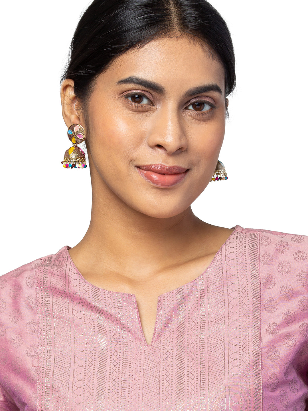 Shining Jewel Gold Plated Traditional Meenakari Jhumka With CZ, LCT Crystals,& Pearls Earrings for Women (SJE_20_BK)