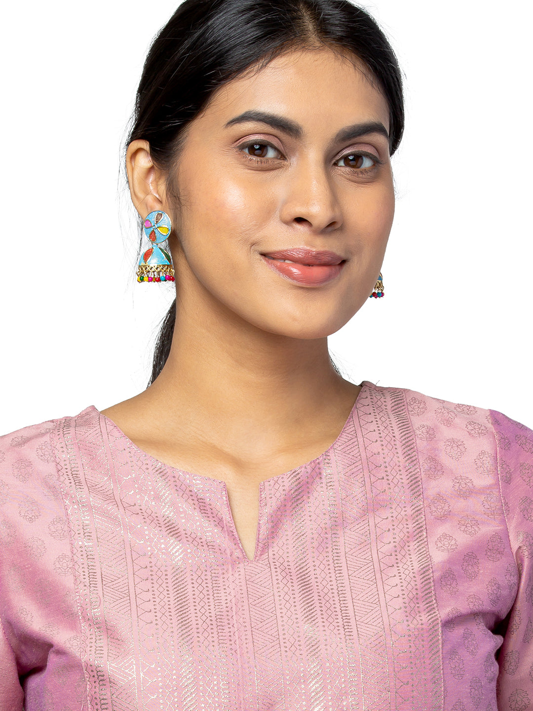 Shining Jewel Gold Plated Traditional Meenakari Jhumka With CZ, LCT Crystals,& Pearls Earrings for Women (SJE_20_BL)