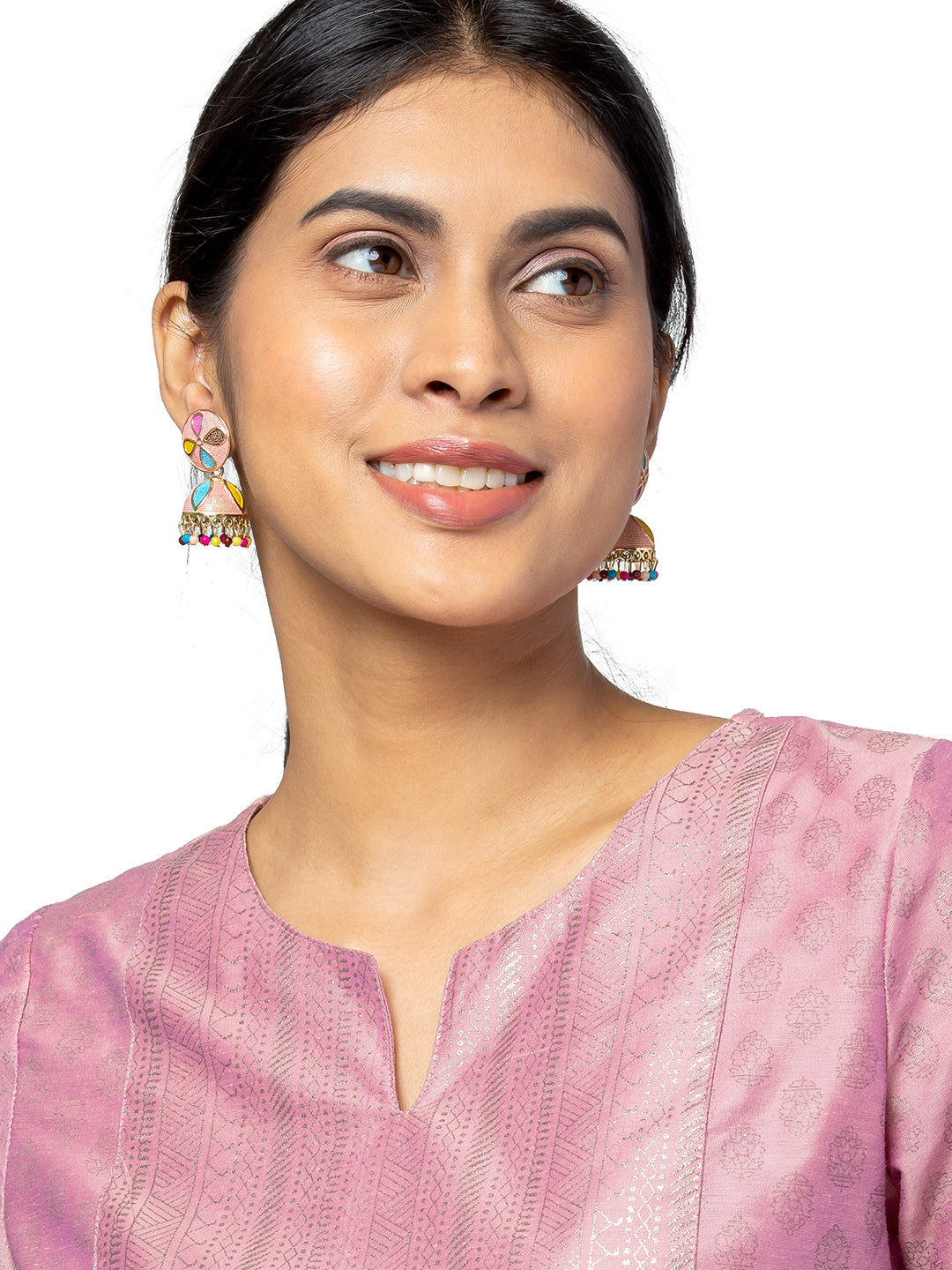 Shining Jewel Gold Plated Traditional Meenakari Jhumka With CZ, LCT Crystals,& Pearls Earrings for Women (SJE_20_LP)