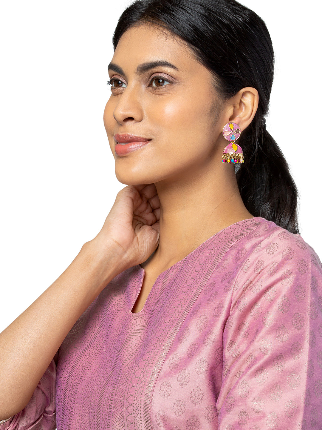 Shining Jewel Gold Plated Traditional Meenakari Jhumka With CZ, LCT Crystals,& Pearls Earrings for Women (SJE_20_P)