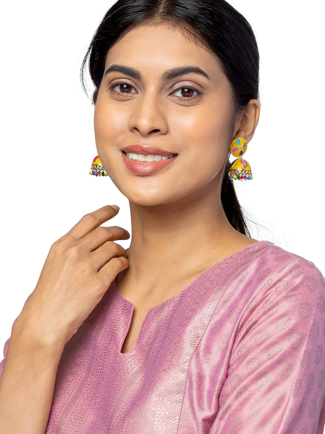 Shining Jewel Gold Plated Traditional Meenakari Jhumka With CZ, LCT Crystals,& Pearls Earrings for Women (SJE_20_Y)