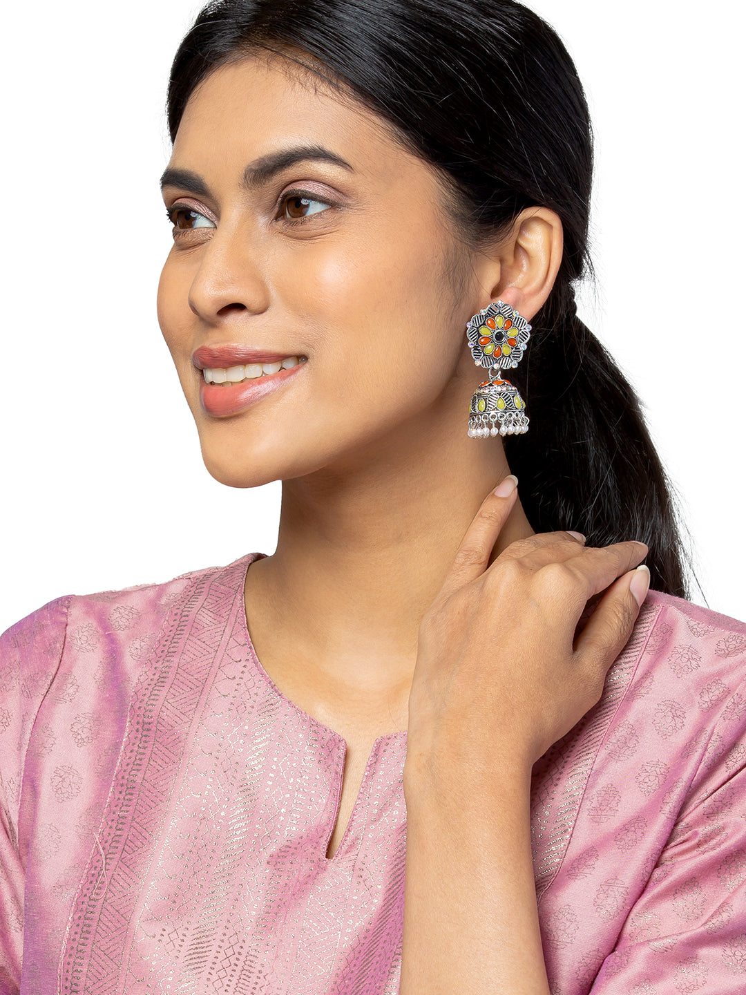 Shining Jewe Traditional Indian Antique Silver Plated Antique Oxidised Jhumka With CZ & Pearls Earrings for Women (SJE_24_YO)