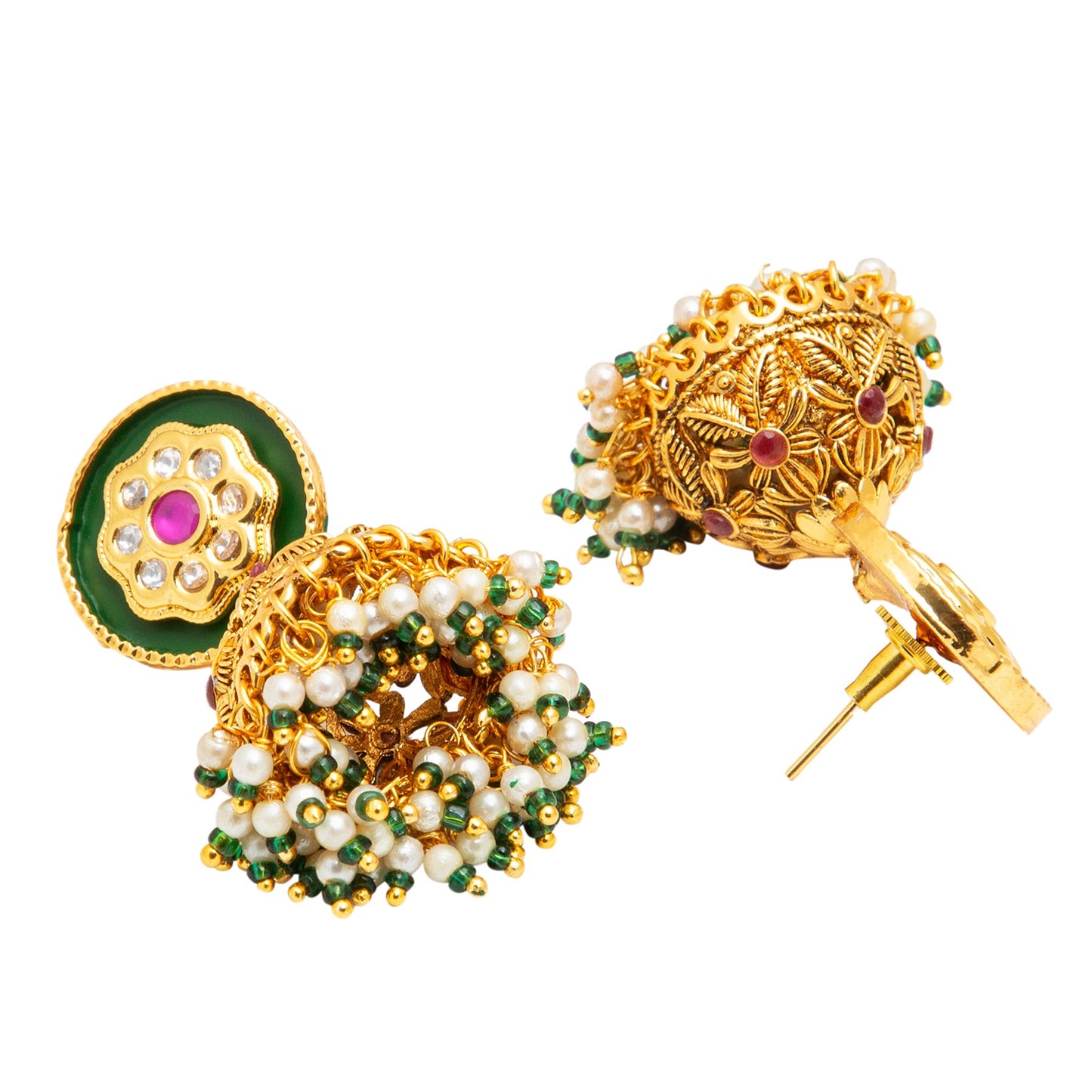 Gold Plated Designer Traditional Ethnic Meenakari Kundan, Cluster Pearls Jhumka Earrings Women (SJE_38_4)