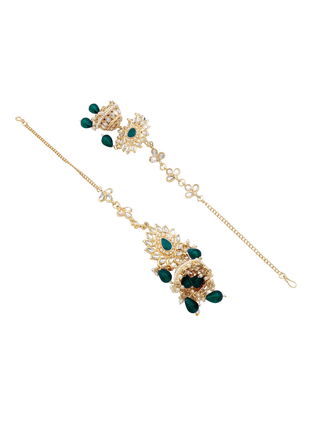 Handcrafted Gold Plated Design Traditional Ethnic Kundan,CZ, Pearl Studded Dark Green Meenakari Jhumka Earrings with Ear Chain for Women (SJE_44_DG)