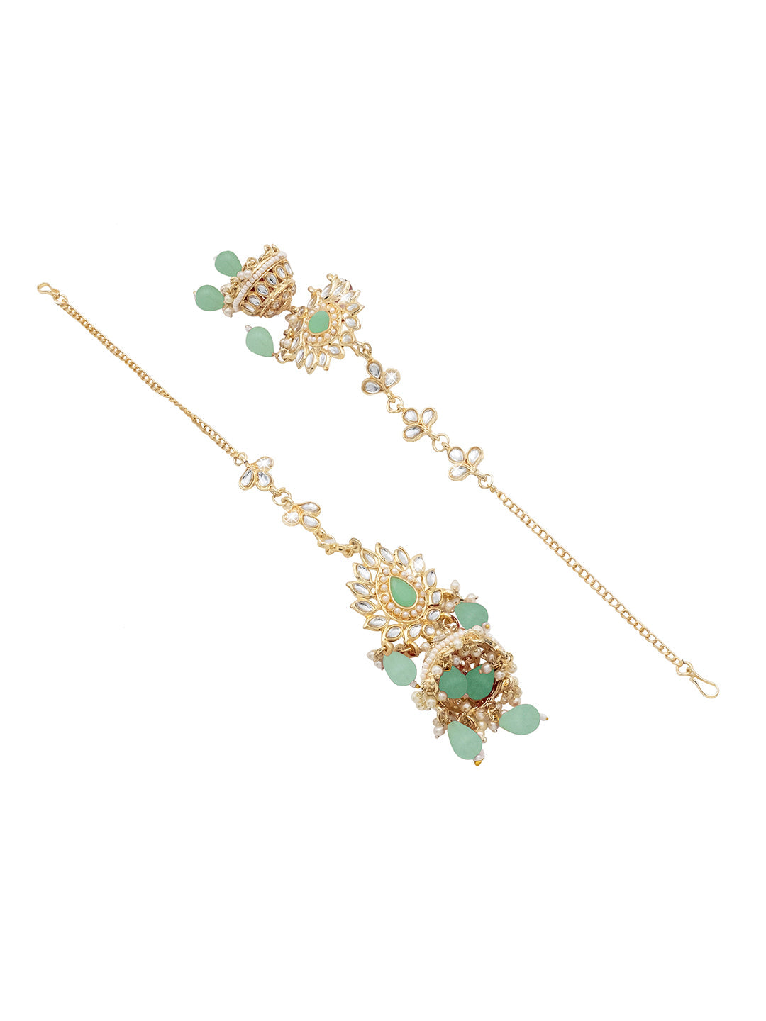 Handcrafted Gold Plated Design Traditional Ethnic Kundan,CZ, Pearl Studded Light Green Meenakari Jhumka Earrings with Ear Chain for Women (SJE_44_LG)