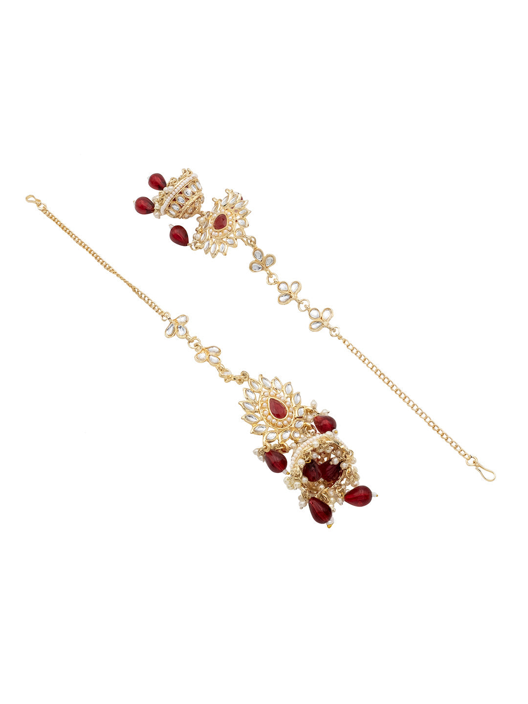 Handcrafted Gold Plated Design Traditional Ethnic Kundan,CZ, Pearl Studded Maroon Meenakari Jhumka Earrings with Ear Chain for Women (SJE_44_M)