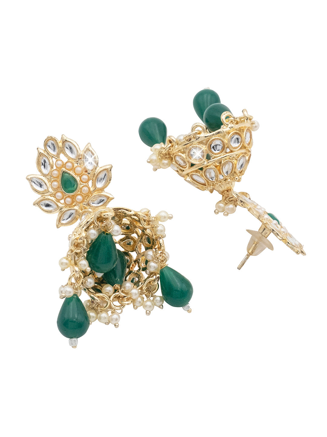 Handcrafted Gold Plated Design Traditional Ethnic Kundan, CZ, Pearl Studded Dark Green Meenakari Jhumka Earrings for Women (SJE_45_DG)