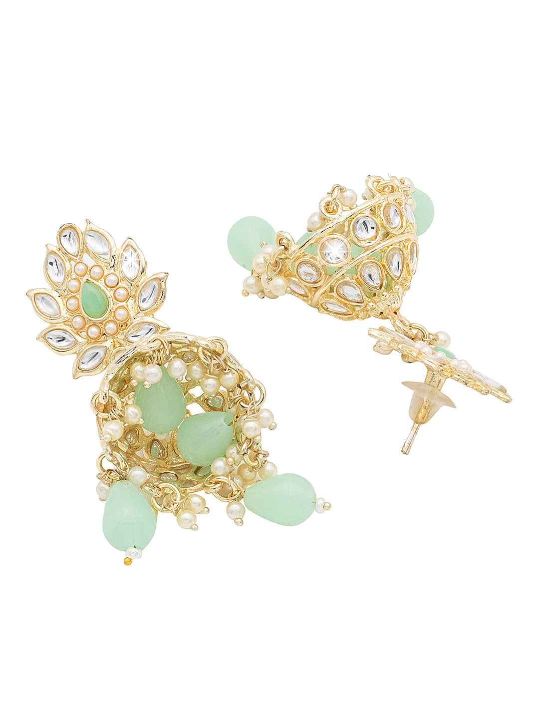 Handcrafted Gold Plated Design Traditional Ethnic Kundan, CZ, Pearl Studded Dark Green Meenakari Jhumka Earrings for Women (SJE_45_LG)