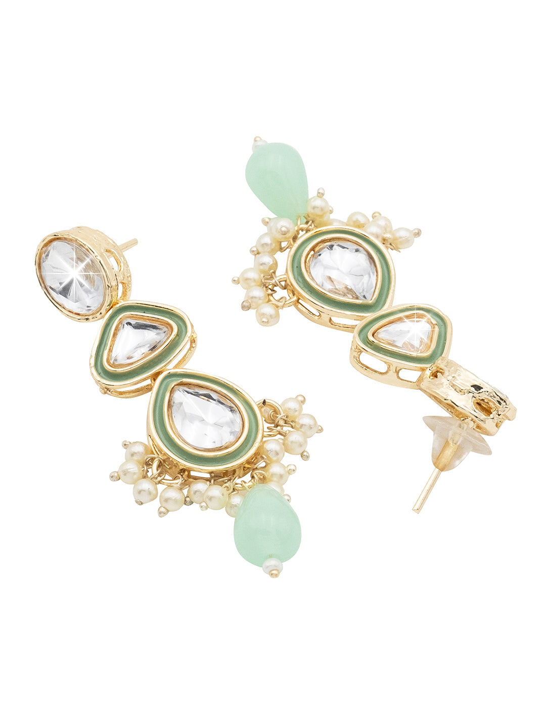 Handcrafted Gold Plated Design Traditional Ethnic Kundan,CZ, Pearl Studded Light Green Meenakari Earrings for Women (SJE_46_D1_LG)