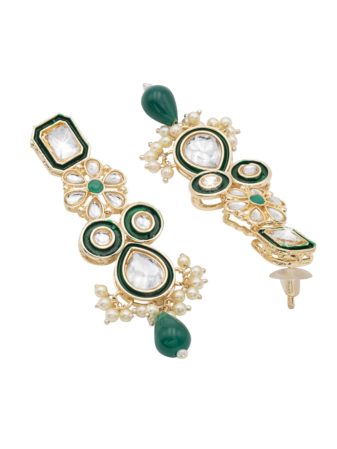 Handcrafted Gold Plated Floral Design Traditional Ethnic Kundan, Pearl Studded Dark Green Meenakari Earrings for Women (SJE_46_D3_DG)