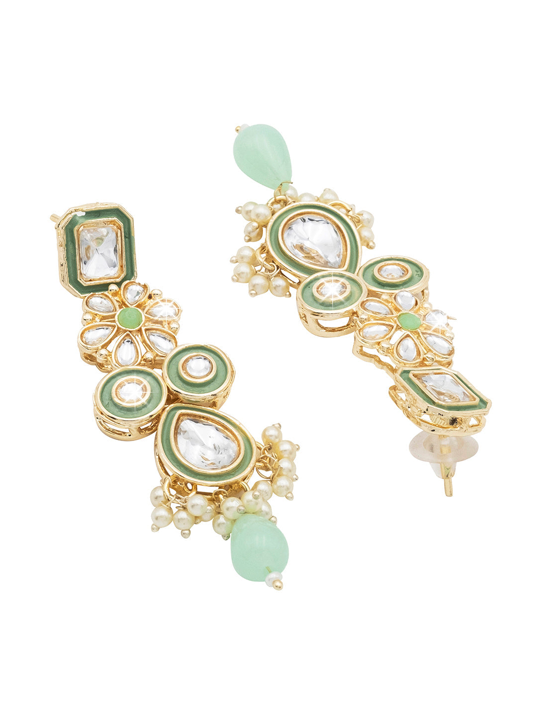Handcrafted Gold Plated Floral Design Traditional Ethnic Kundan, Pearl Studded Light Green Meenakari Earrings for Women (SJE_46_D3_LG)