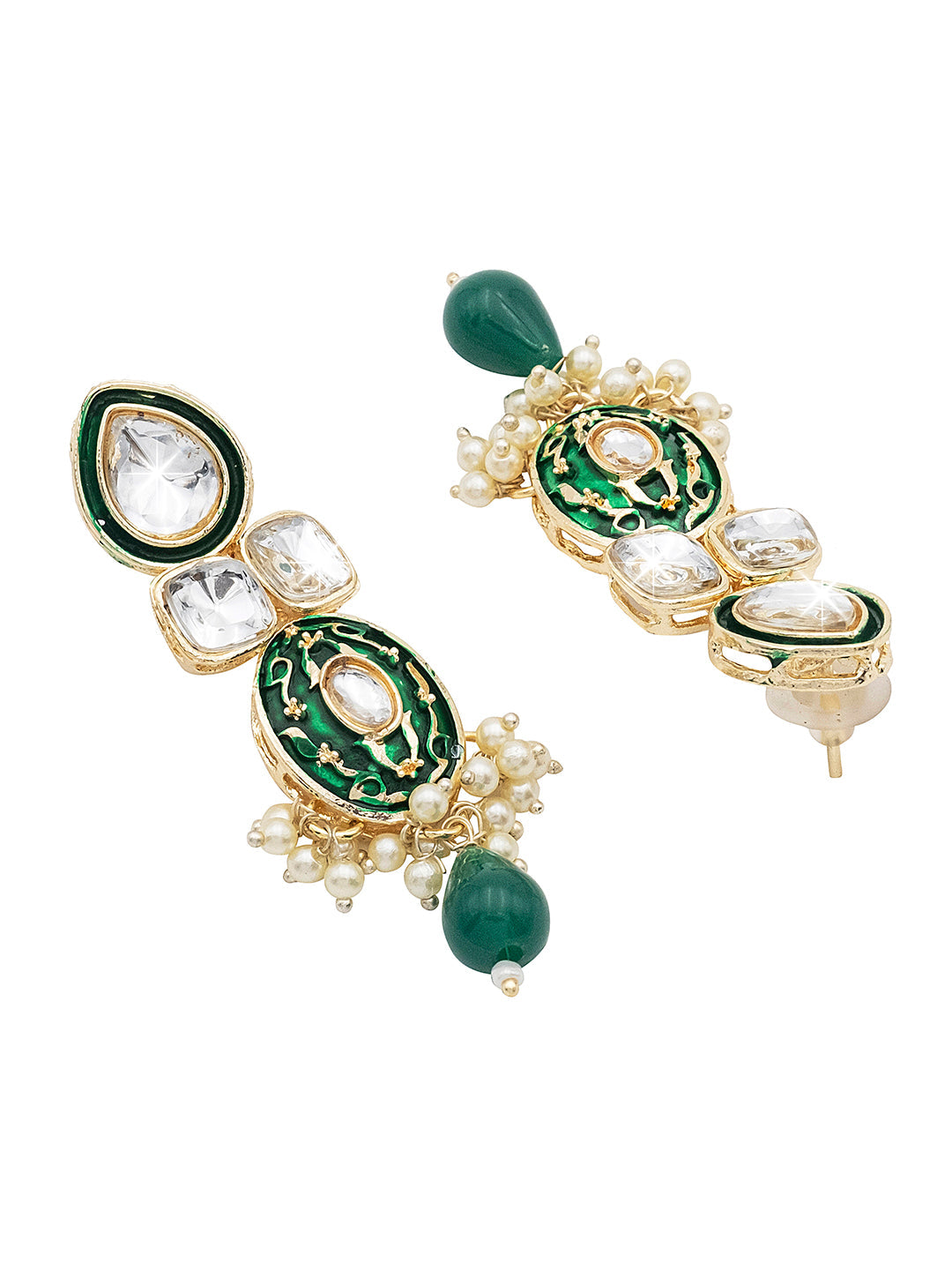 Handcrafted Gold Plated Design Traditional Ethnic Kundan,CZ, Pearl Studded Dark Green Meenakari Earrings for Women (SJE_46_D4_DG)