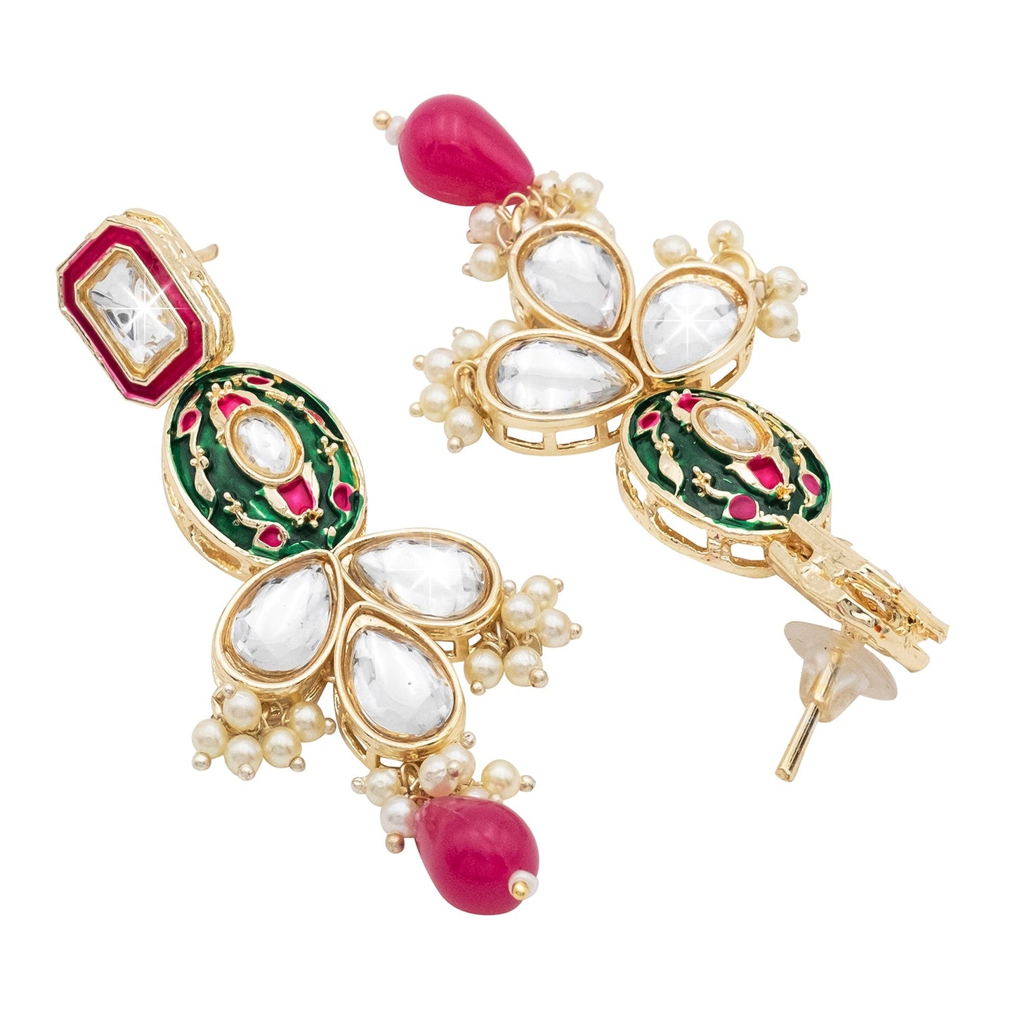 Handcrafted Gold Plated Design Traditional Ethnic Kundan,CZ, Pearl Studded Dark Pink Meenakari Earrings for Women (SJE_46_D5_DP)