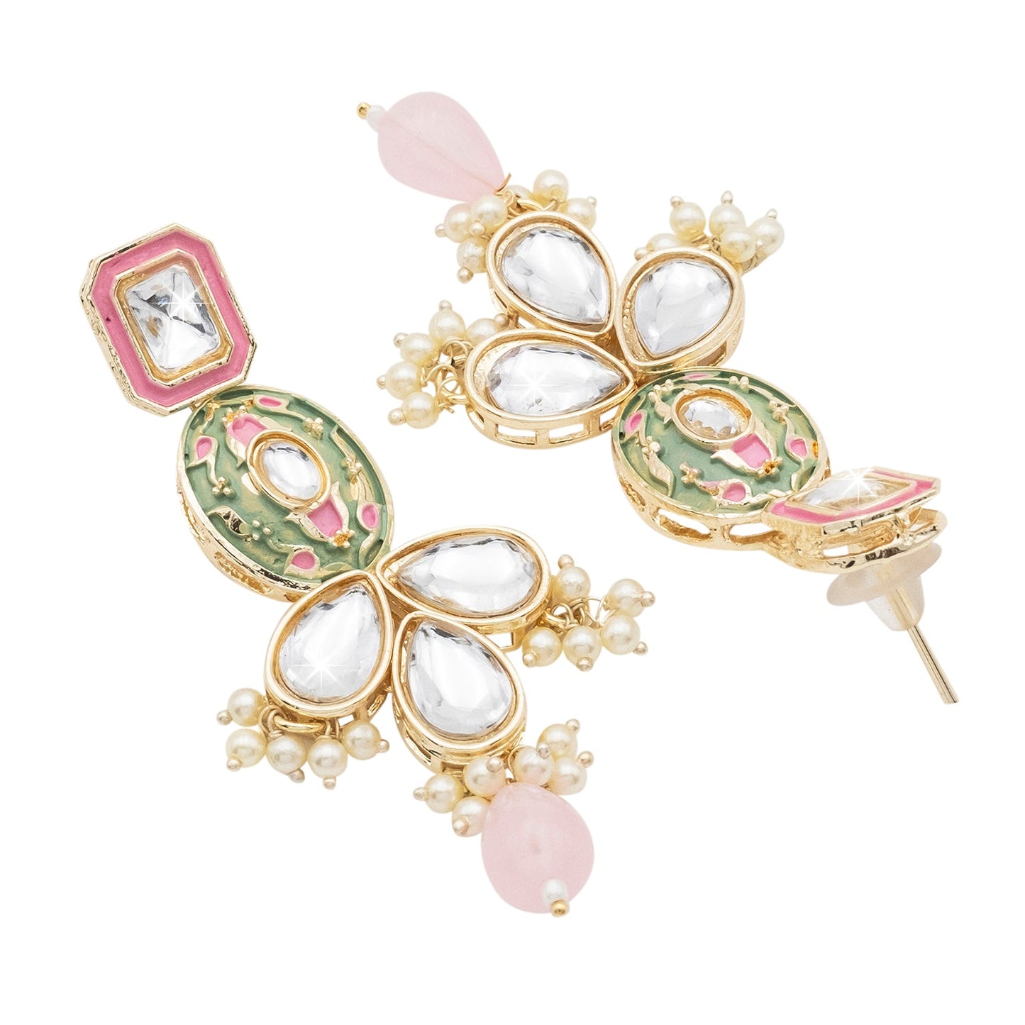 Handcrafted Gold Plated Design Traditional Ethnic Kundan,CZ, Pearl Studded Light Pink Meenakari Earrings for Women (SJE_46_D5_LP)