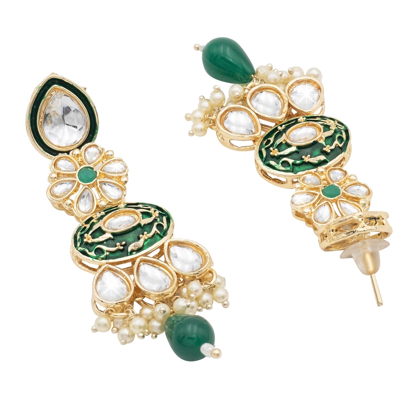 Handcrafted Gold Plated Floral Design Traditional Ethnic Kundan, Pearl Stunded Dark Green Meenakari Earrings for Women (SJE_46_D6_DG)