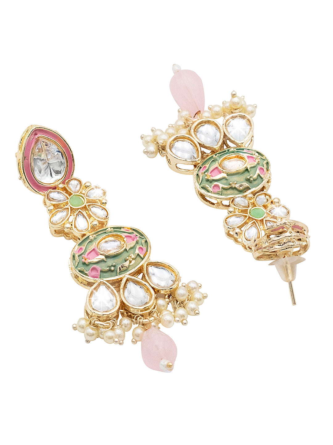 Handcrafted Gold Plated Floral Design Traditional Ethnic Kundan, Pearl Studded Light Pink Meenakari Earrings for Women (SJE_46_D6_LP)