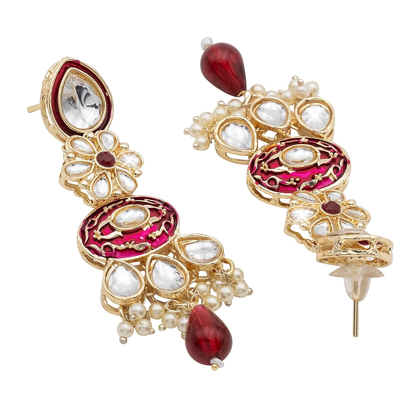 Handcrafted Gold Plated Floral Design Traditional Ethnic Kundan, Pearl Studded Maroon Meenakari Earrings for Women (SJE_46_D6_M)