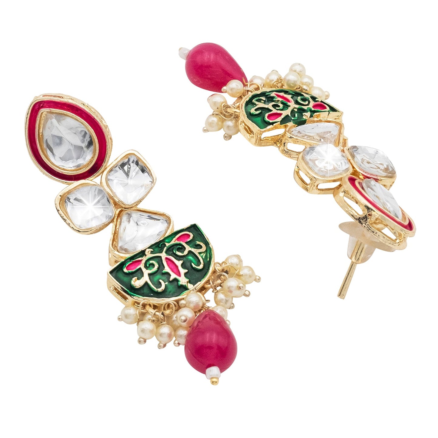Handcrafted Gold Plated Antique Pasha Design Traditional Ethnic Kundan, Pearl Studded Dark Pink Meenakari Earrings for Women (SJE_46_D7_DP)