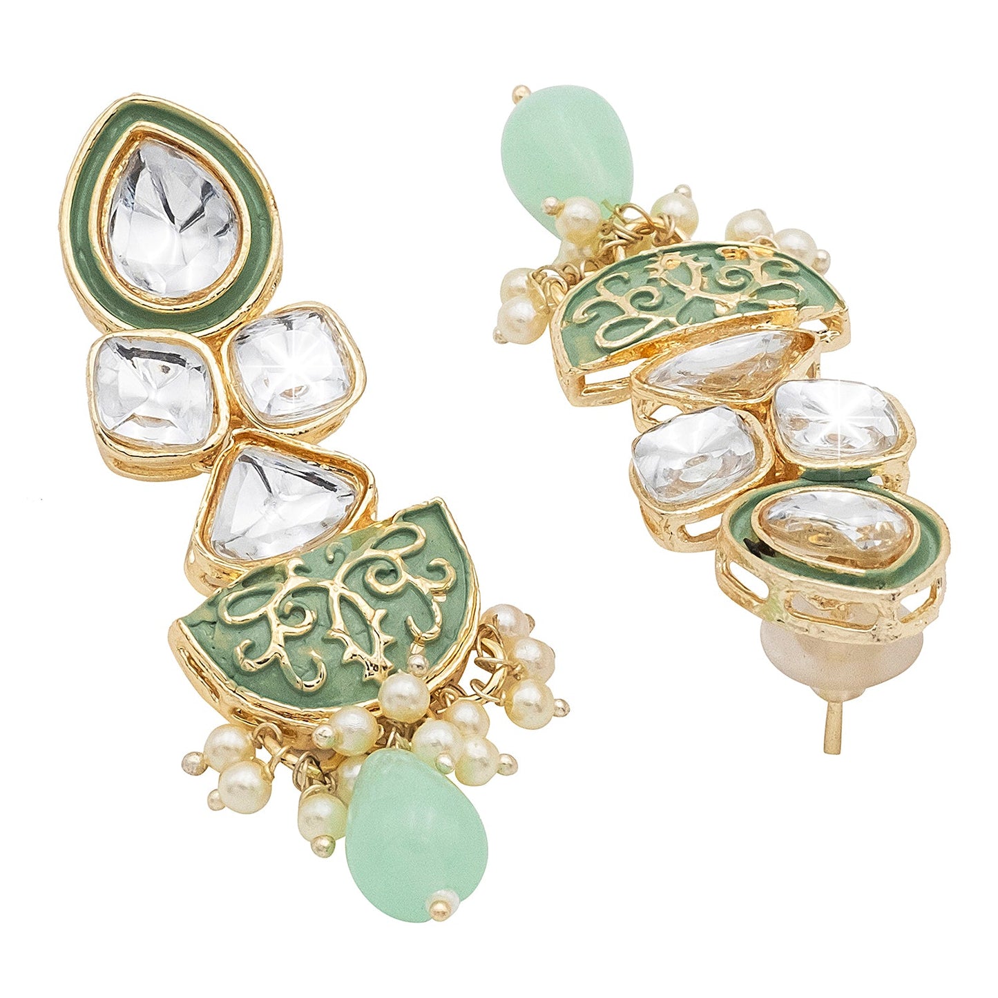 Handcrafted Gold Plated Antique Pasha Design Traditional Ethnic Kundan, Pearl Studded Light Green Meenakari Earrings for Women (SJE_46_D7_LG)