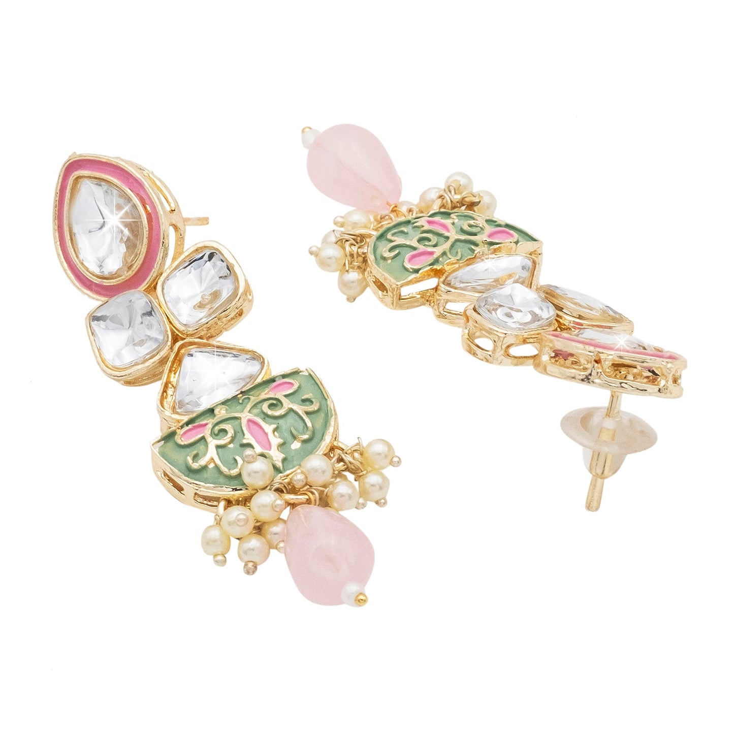 Handcrafted Gold Plated Antique Pasha Design Traditional Ethnic Kundan, Pearl Studded Light Pink Meenakari Earrings for Women (SJE_46_D7_LP)