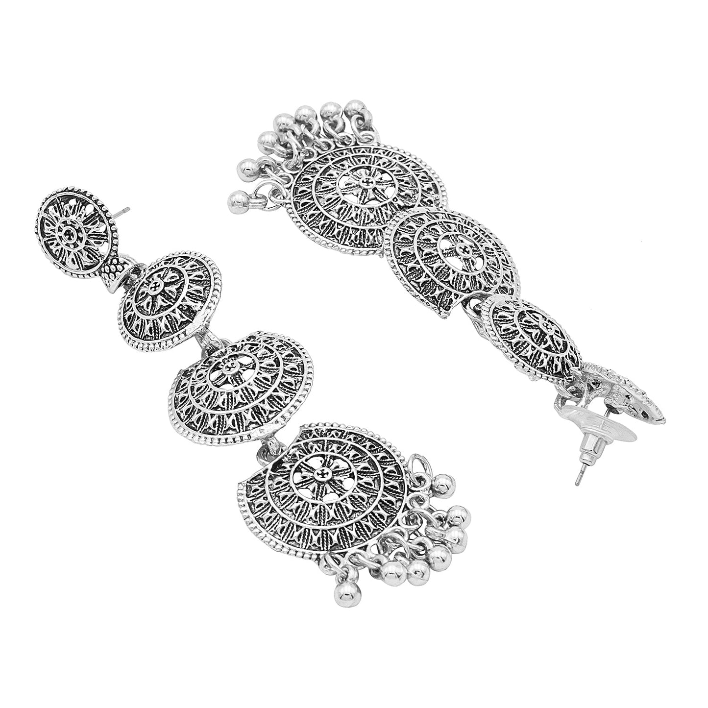 Antique Silver Plated Oxidised Traditional Look With Pearls Long Earrings for Women (SJE_50)