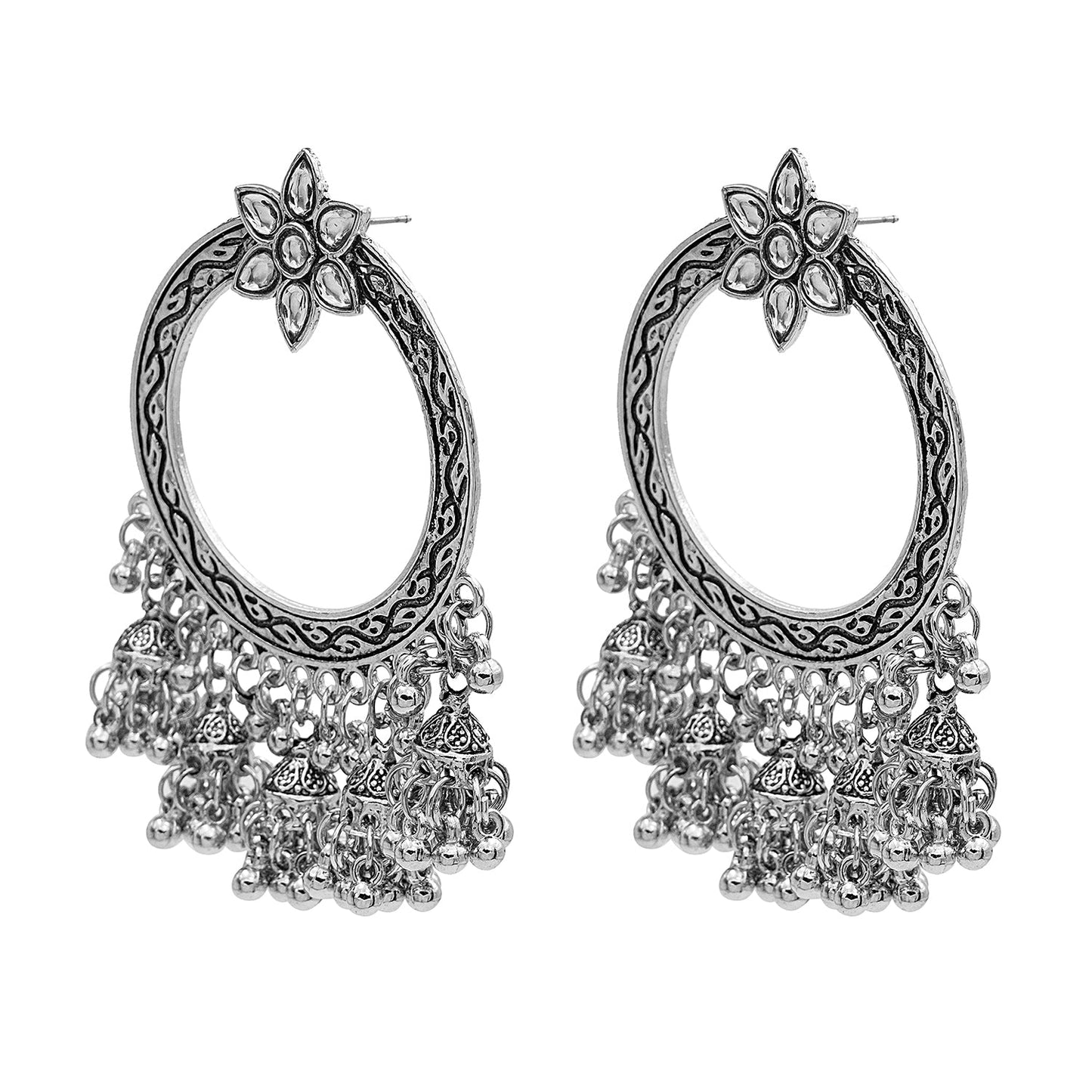 Antique Silver Plated Oxidised Traditional Look With CZ & Pearls Long Jhumka Earrings for Women (SJE_51)