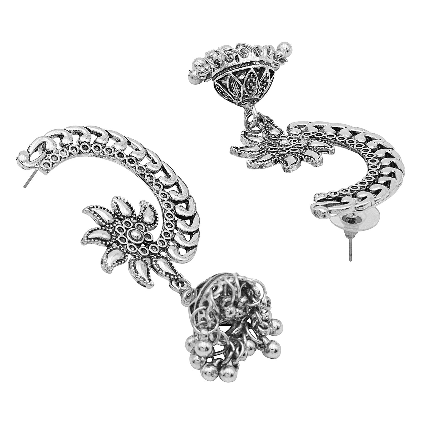 Antique Silver Plated Oxidised Traditional Look With CZ & Pearls Long Jhumka Earrings for Women (SJE_52)