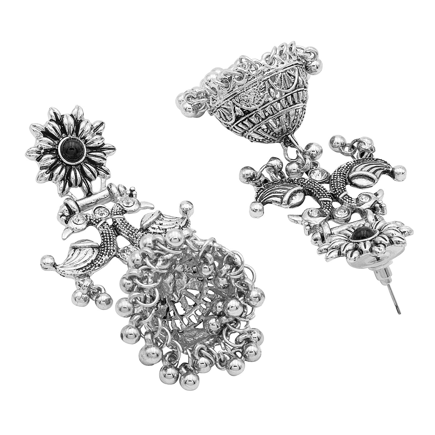 Antique Silver Plated Oxidised Traditional Peacock Design with CZ & Pearls Long Jhumka Earrings for Women (SJE_55)