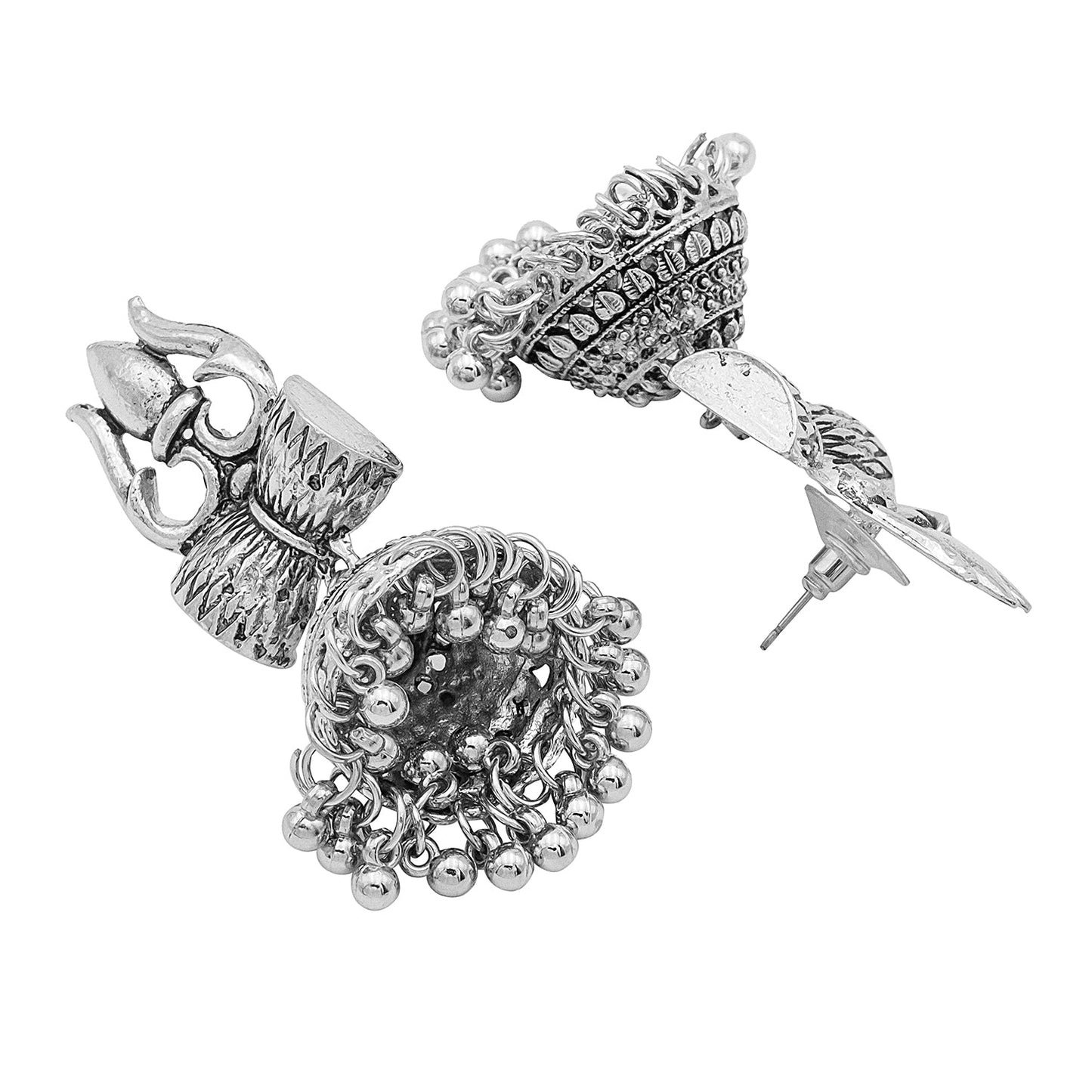 Antique Silver Plated Oxidised Traditional Trishul Damru Design with CZ & Pearls Long Jhumka Earrings for Women (SJE_59)