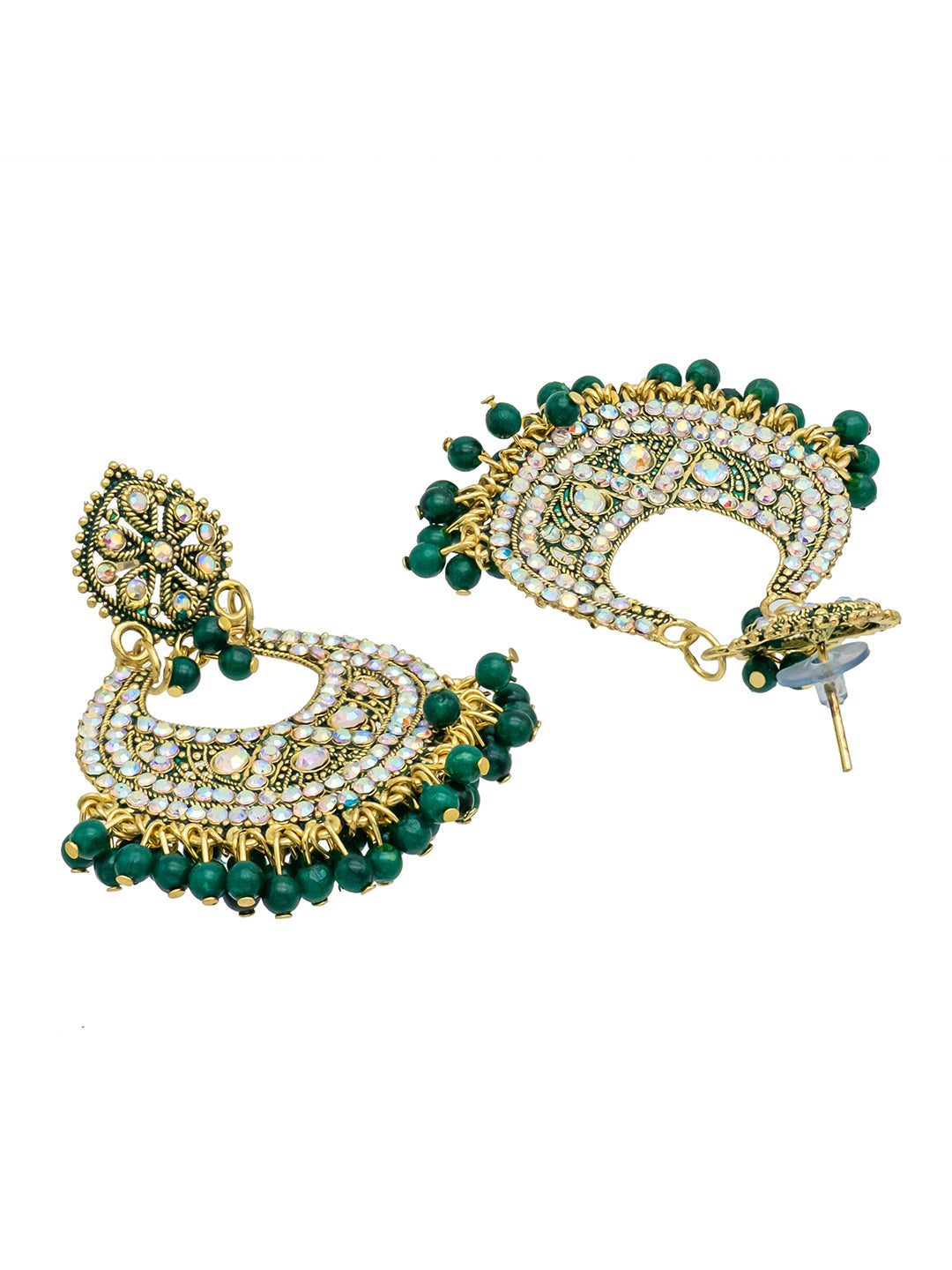 Traditional Indian Gold Green Colour CZ, Crystal Studded Chand Bali Earring For Women - Green(SJE_84_G)