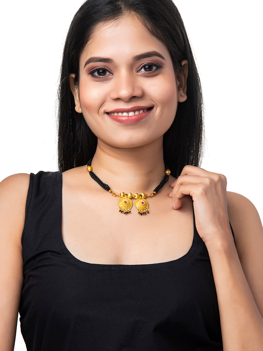 Shining Jewel Gold Plated Handcrafted Traditional Double Vati Bridal Mangalsutra Thushi Necklace For Women (SJN_09)