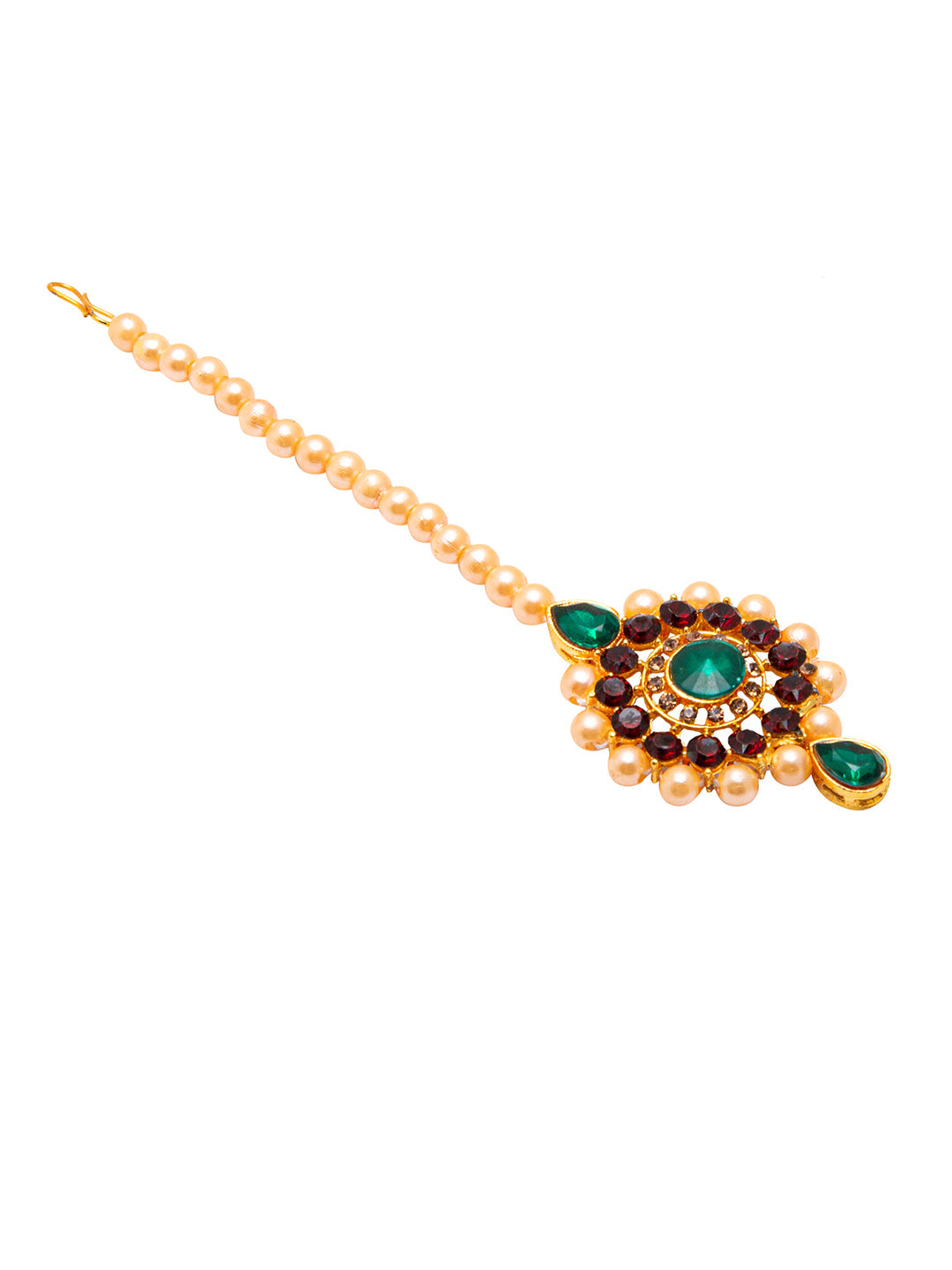 Shining Jewel Traditional Multistrand White Beads Kundan, Green Stone Studded Pearl Choker Necklace With Earrings & Maang Tikka For Women (SJN_102_G)