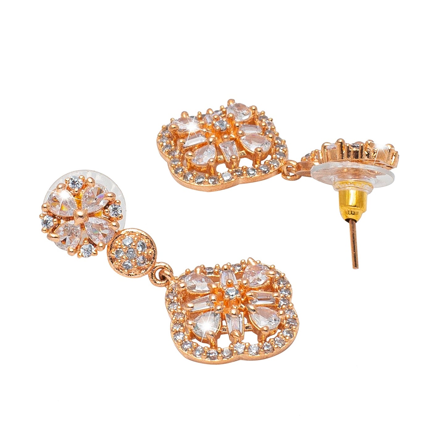 Shining Jewel Rose Gold Plated Solitaire, CZ, Crystal & AD Studded Mangalsutra Tanmaniya Pendant Necklace Jewellery Set with Earrings (SJN_119)
