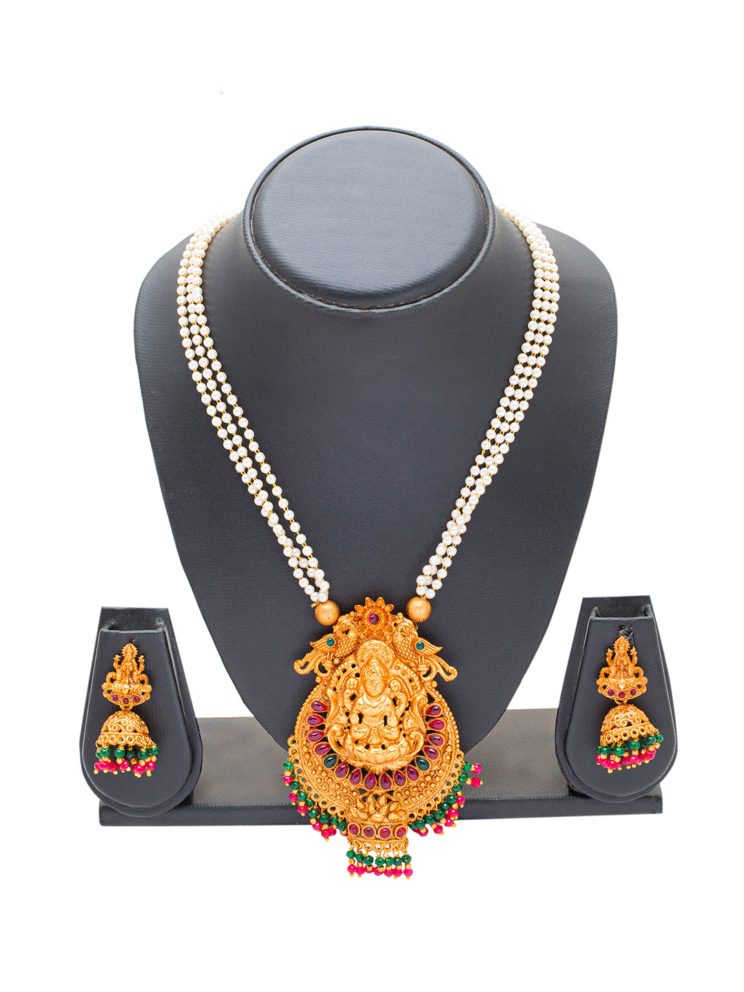 Shining Jewel Handcrafted Antique Gold Plated Glossy Temple Jewellery Pearl Necklace With Matching Jhumka Earring For Women (SJN_142)