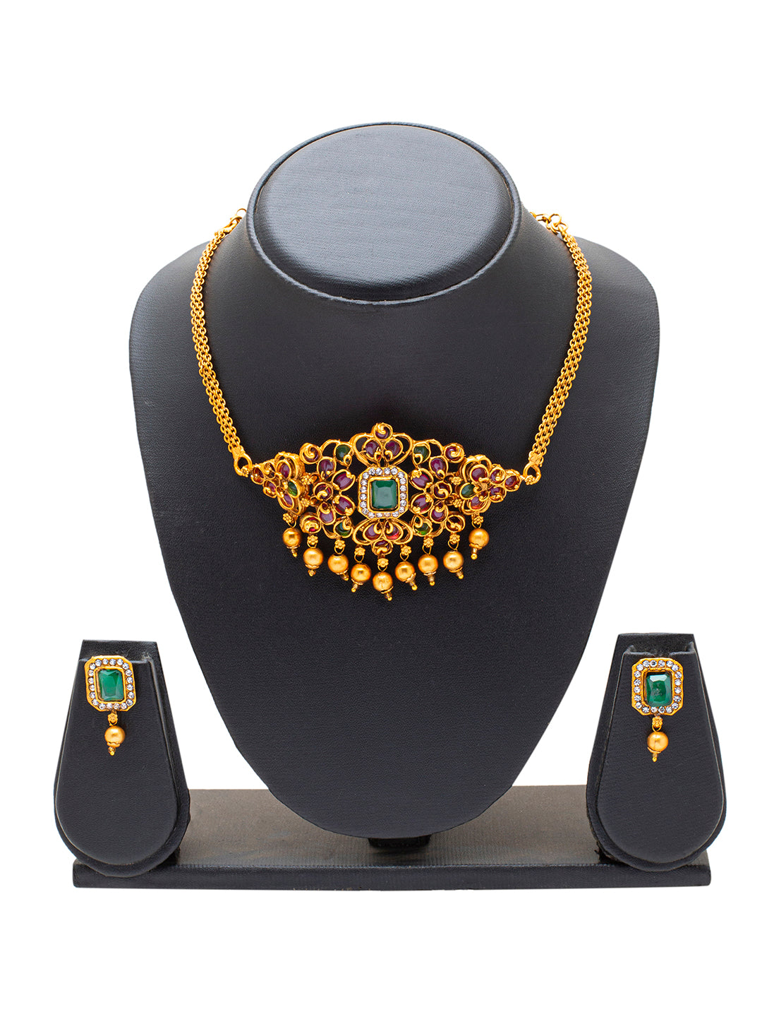 Shining Jewel Handcrafted Antique Gold Plated Traditional Kundan,CZ, Studded Choker Jewellery Necklace set With Matching Earring For Women (SJN_145_MT)