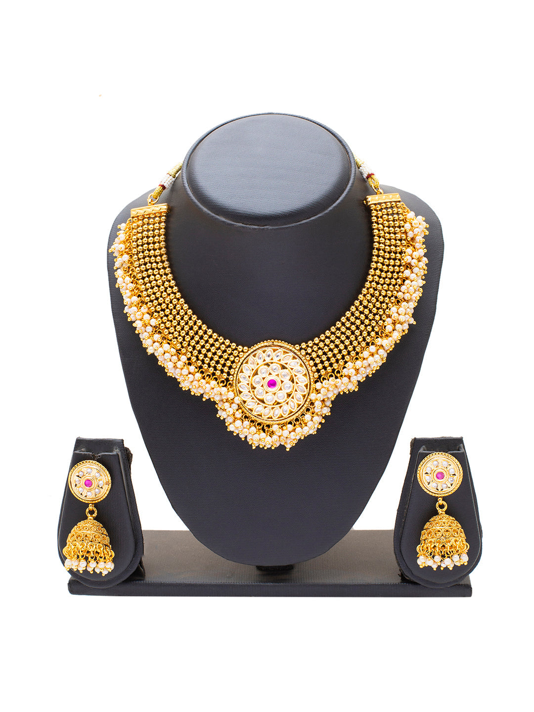 Shining Jewel Handcrafted Gold Plated Jewellery Clustered Hanging Pearl Necklace With Matching Jhumka Earring For Women (SJN_148_M)