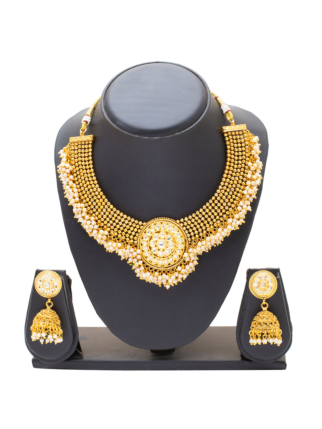 Shining Jewel Handcrafted Gold Plated Jewellery Clustered Hanging Pearl Necklace With Matching Jhumka Earring For Women (SJN_148_W)